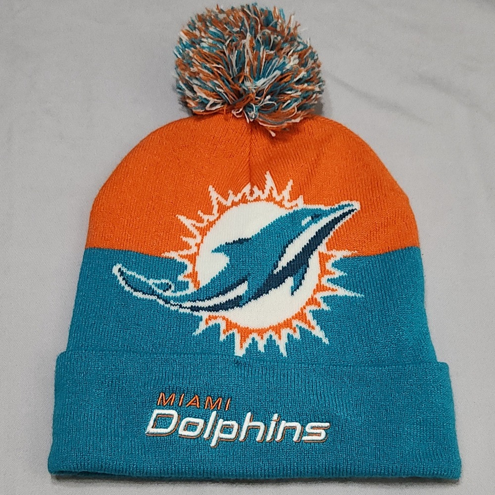 NFL Miami Dolphins Knit Beanie Hat Aqua Orange Pom Pom OSFM RN126679